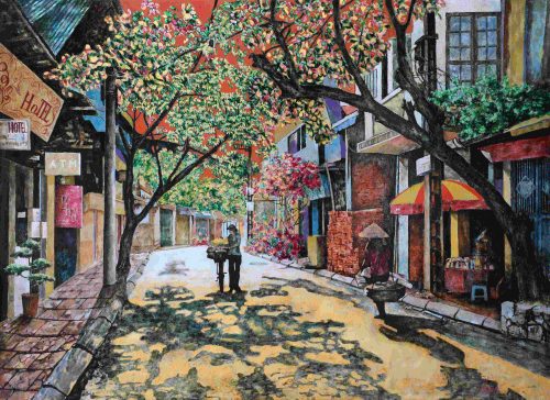 Bóng hoàng hôn II - Tranh sơn mài phố cổ hoạ sĩ Nguyễn Văn Nghĩa