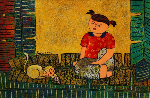 Cô Bé, Mèo & Cuộn Len - Quà Tặng Tranh Sơn Mài của Họa Sĩ Châu Ái Vân