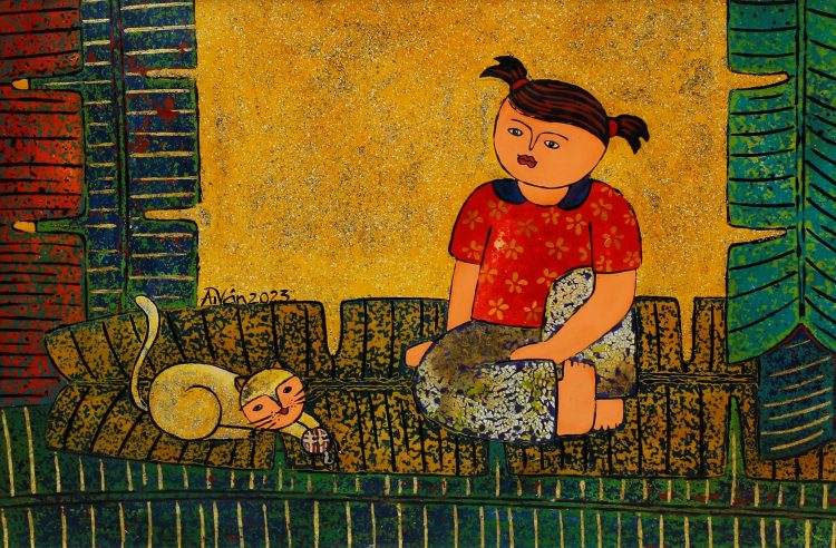 Cô Bé, Mèo & Cuộn Len - Quà Tặng Tranh Sơn Mài của Họa Sĩ Châu Ái Vân