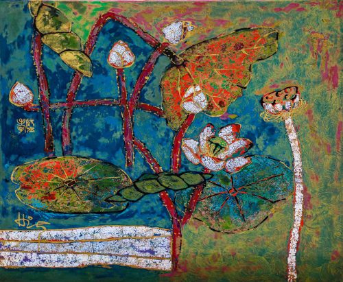 Hồ Thu - Tranh sơn mài hoạ sen hoạ sĩ Nguyễn Sỹ Hiếu