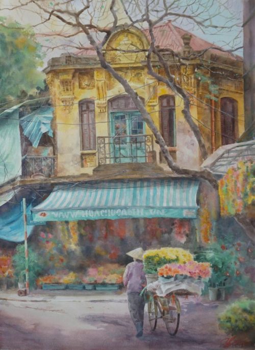 Hoa Trên Phố - Quà tặng tranh nghệ thuật màu nước bởi họa sĩ Đức Tiến