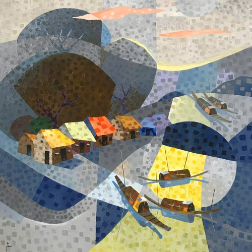 Nhà Bên Sông II - Tranh Sơn Dầu Nghệ Thuật Của Họa Sĩ Nguyễn Quý Tâm