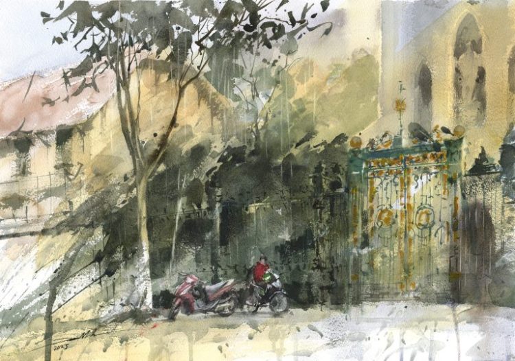 Nhà Thờ Hàm Long - Quà Tặng Tranh Nghệ Thuật Màu Nước Họa Sĩ Minh Đàm