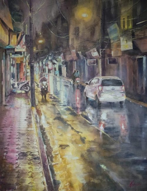 Phố Sau Mưa - Quà tặng tranh nghệ thuật màu nước bởi họa sĩ Đức Tiến
