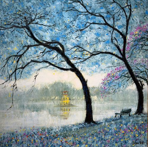 Sương Sớm Bên Hồ - Tranh Sơn Dầu Phong Cảnh Hoạ Sĩ Đặng Đình Ngỡ