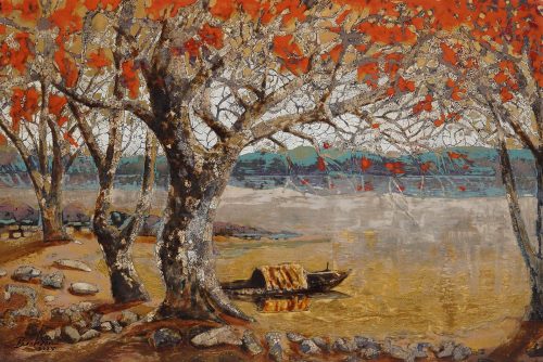 Bến Đò Xưa - Tranh Sơn Mài của Họa Sĩ Nguyễn Bỉnh Sơn